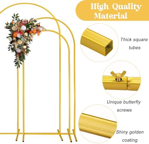 Fivenl Set of 3 Arch Backdrop Stand 7.2FT, 6.6FT, 6FT Gold Wedding Balloon Stand Stable Metal Door Frame for Ceremony Birthday Party Bridal Baby Shower Banquet Decoratio - Image 4
