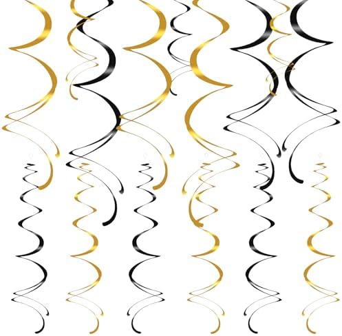 Colorful Ceiling Swirl Foil Decorations Hanging Plastic Streamer Themed Swirl Party Decoration for Wedding New Years Day Graduation Celebration, Pack of 28 (Gold, Black) by Yymobt