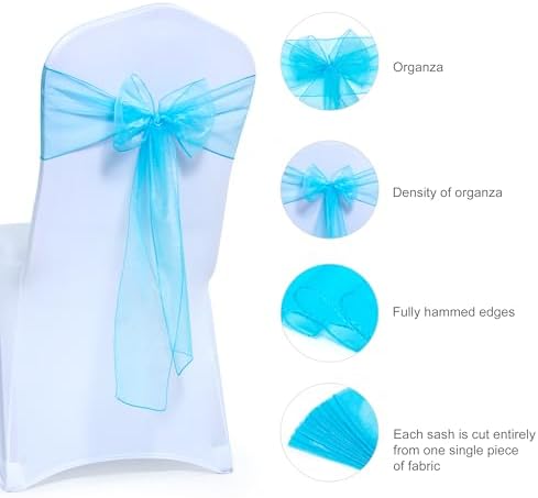 MDS Pack of 50 Organza Chair Sashes for Wedding & Event Décor – Turquoise - Image 6