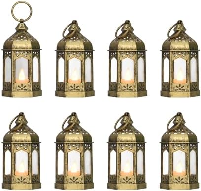 8Pcs 5-inch Mini Lanterns Centerpieces for Table, Baby Shower Decorations, Vintage Small Lantern for Halloween Decorations, Party Lights for Enchanted Forest Decorations, Wedding Decor, Brushed Brass by LLQ-LuckLifeQuality