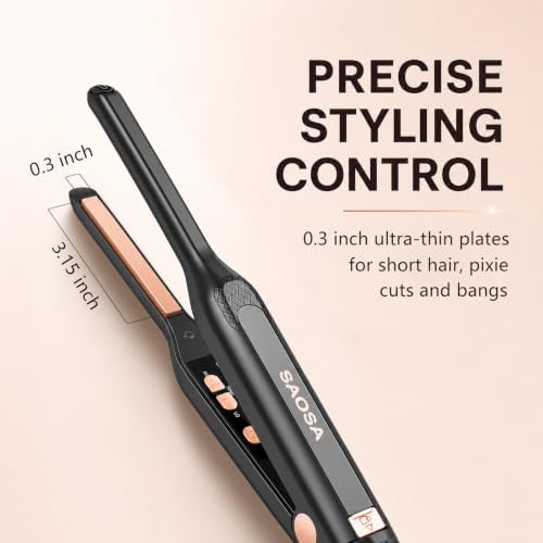 SAOSA Mini Pencil Flat Iron for Short Hair - 0.3" Ultra-Thin Hair Straightener & Curler, 9 Temp (190°F-430°F), Ceramic Tourmaline, Fast 30s Heat Up, Travel Kit with Pouch & Glove, Dual Volt(Rose Gold) - Image 3