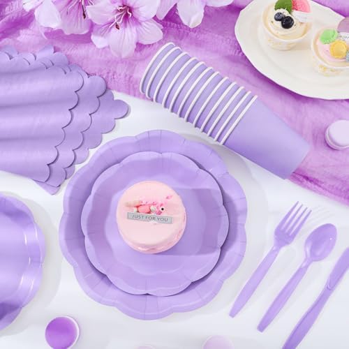 175 Pcs Light Purple Plates and Napkins Set, 25 Guest Purple Party Supplies Include Scalloped Plate Paper Napkin Cup Forks Knives Disposable Plastic Cutlery for Wedding Baby Shower Birthday Party - Image 6