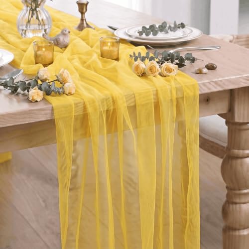 Artoid Mode 3Pcs Yellow Gauze Table Runner 28x120Inch, Seasonal Sheer Kitchen Dining Holiday Wedding Birthday Baby Shower Table Decor for Home Party by ArtoidMode
