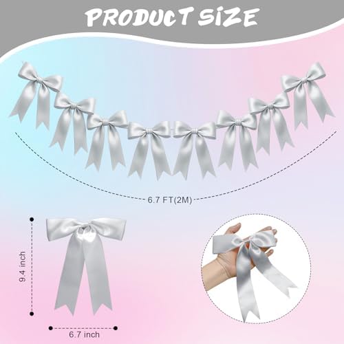 1 String of 8PCS Silver Bow Garland Banner Decoration,Pre-Strung Satin Ribbon Ornaments for Birthday,Bachelorette Party,Bridal Shower,Wedding,Engagement,Baby Shower,Graduation Decor,Anniversary - Image 2