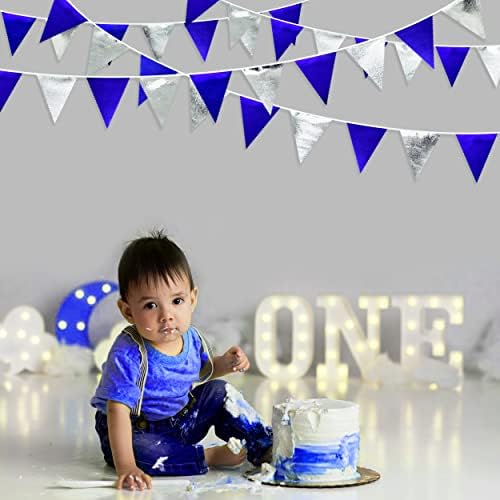 Royal Blue Silver Party Decorations Navy Blue Triangle Pennant Banner Flag Metallic Fabric Bunting Garland for Birthday Graduation Wedding Retirement Nautical Ahoy Achor Pirate Theme Party Supplies - Image 6