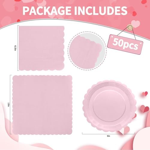 100Pcs Pink Party Supplies Include Pink Paper Plates and Napkins Disposable Pink Scalloped Plates for Birthday Baby Shower Mother’s Day - Image 2
