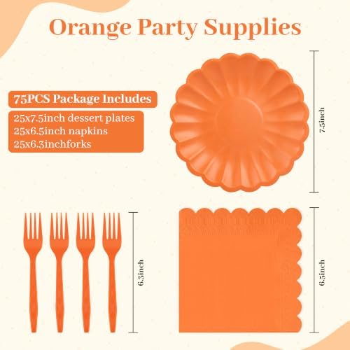 75 Pcs Fall Paper Plates and Napkins, Orange Tableware Set for 25 Guests - Image 2