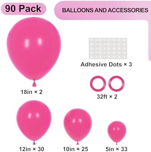 Voircoloria 90pcs Hot Pink Balloons Garland Arch Kit, 18 12 10 5 Inch - Image 2