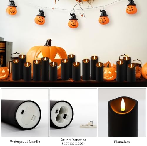 Black Flameless LED Candles with Remote Timer, 72 Pack Battery Operated Flickering Pillar Candles, Waterproof Electric Fake Candles for Halloween Decor, Spooky Party, Haunted House, Indoor Outdoor Use - Image 3