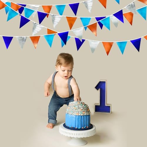 Orange Blue Silver Party Decorations Metallic Fabric Triangle Pennant Banner Flag Bunting Garland for Space Theme Birthday Wedding Bridal Shower Baby Shower Engagement Graduation Party Supplies - Image 5