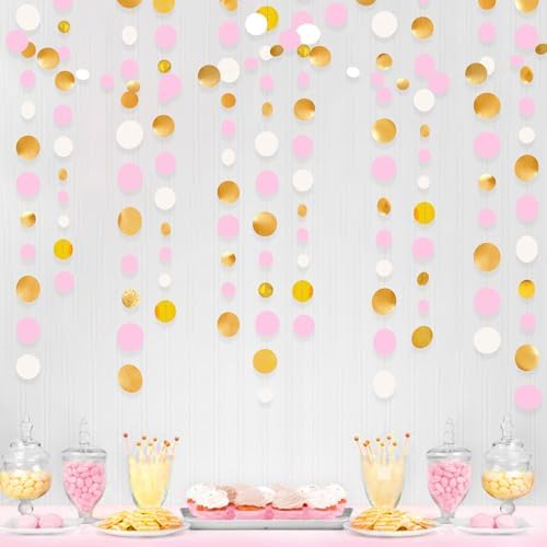 Gold and Pink Party Decorations Circle Dots Garland Metallic Gold Light Pink and White Hanging Polka Dot Streamer for Women Girl Birthday Bridal Shower Wedding Princess Party Supplies by pinkblume