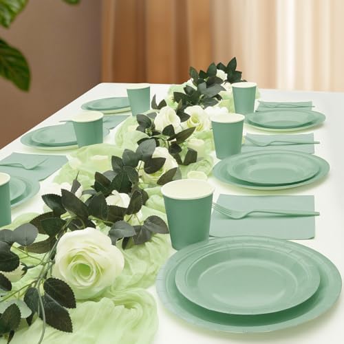 Sage Green Plates Party Decorations, Include 9’’Disposable Sage Green Paper Plates, 7’’Dessert Plate and Napkins and Cups Forks Party Supplies for Baby Showers, Birthday, Wedding, Serves 50 - Image 6