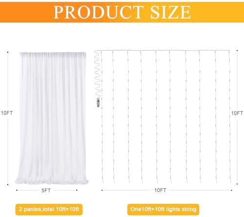 Tulle Backdrop Curtains with Lights Sheer White Curtain Backdrop 10x10ft - Image 2