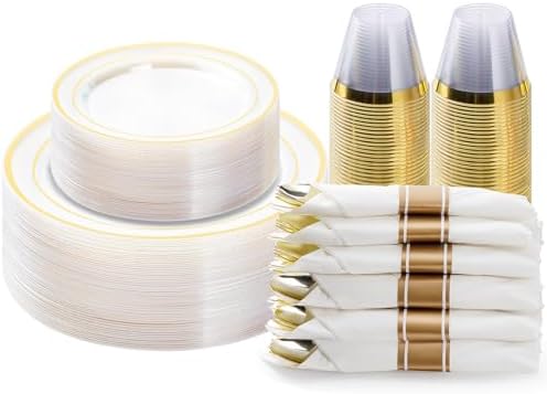BESTVIP 175 Piece Clear Gold Plastic Dinnerware Set for 25 Guests by Bestvip