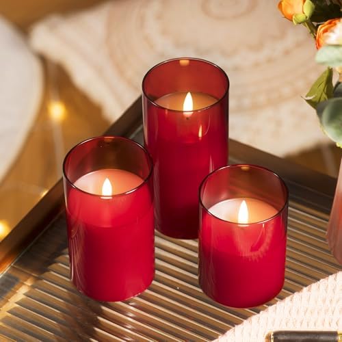 Tyawon Glass Battery Operated LED Flameless Candles with Remote and Timer, Real Wax Candles Warm Color Flickering Light for Festival Wedding Home Party Decor(Pack of 3)-Red - Image 5