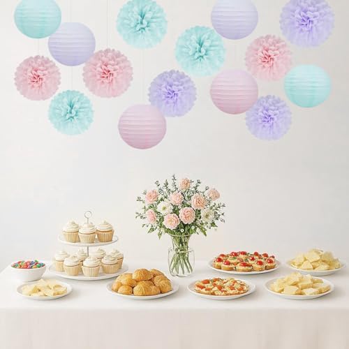 Blue Pink Purple Party Decorations - 15Pcs Tissue Pom Poms Paper Flowers Paper Lanterns Mermaid Birthday Party Baby Shower Lavender Wedding Hanging Decor - Image 5