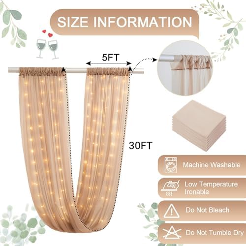 Dark Champagne Ceiling Drapes with Lights String for Weddings, 6 Panels 5ftx20ft Sheer Tulle Backdrop Photo Background Drapes for Wedding Ceremony Birthday Party Arch Decoration - Image 5