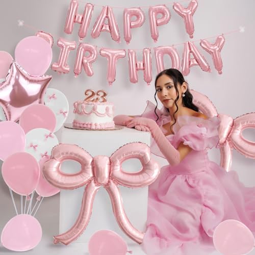 Bow Party Decorations Pink Happy Birthday Balloons Banner Pink Birthday Decorations Bow Balloons for Women Girls Birthday Decor Party Supplies - Image 5