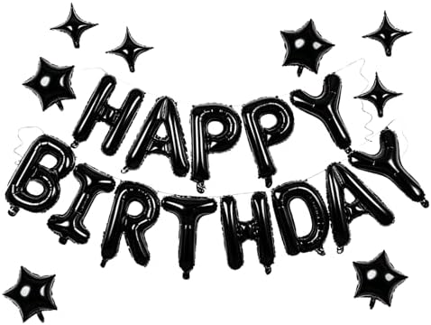 Black Happy Birthday Balloons Banner 16 Inch Mylar Foil Letters, 10 Inch Five & Four Star, Inflatable Party Decor and Birthday Decorations for Women, Men, Boys & Girls Kids and Adults, Party Supplies by WESTGO