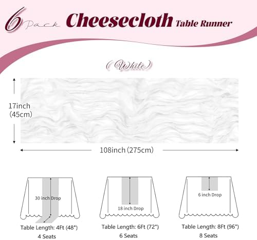 6 Pack White Cheesecloth Table Runner, 17 x 108 inch, Semi Sheer Boho Cheese Cloth Fabric Table Runner Bulk for Wedding, Birthday, Party, Holiday, Home Decor (White) - Image 3