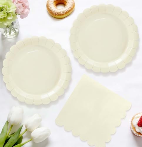 HEIPINIUYE 50 Pcs Ivory Paper Plates and Napkins Party Supplies Include 7'' Ivory Scalloped Plates and 6.5'' Paper Napkins Disposable Tableware Set for Dinner Wedding Birthday Party (Serves 25) - Image 2