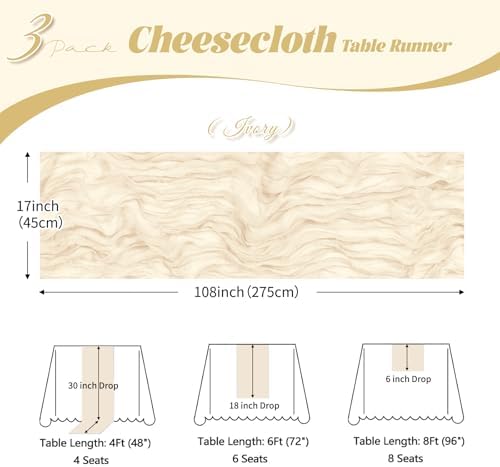 3 Pack Ivory Cheesecloth Table Runner, 17 x 108 inch, Semi Sheer Boho Cheese Cloth Fabric Table Runner Bulk for Wedding, Birthday, Party, Holiday, Home Decor (Ivory) - Image 3