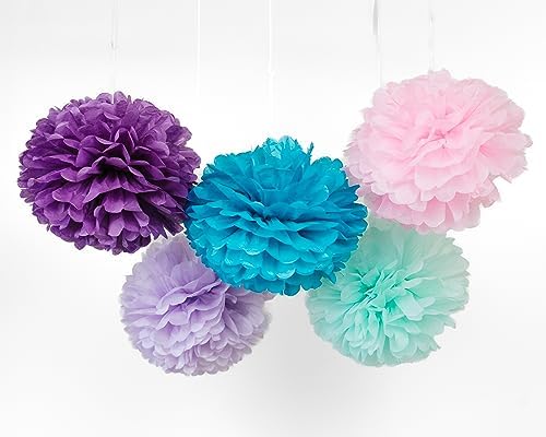 PapaKit 20pc Mermaid Purple Tissue Paper Pom Poms Set – Decorative Hanging Paper Flowers for Birthday Party, Baby Shower, Wedding, Bridal Shower, and Bachelorette Backdrop - Image 4