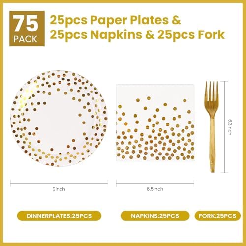 75PCS Paper Plates&Napkins Set-Disposable White Gold Dessert Plates - Image 2