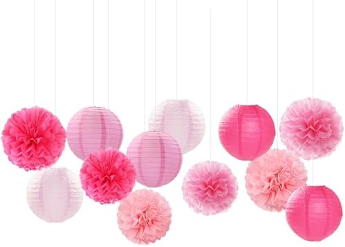 Light-Hot Pink Party-Decorations Paper-Flowers Lanterns - 15pcs Graduation Girl Birthday Decor Tissue Pom Poms Streamers, Bridal Baby Shower Wedding Bachelorette Valentine Hanging Supplies Hugfond - Image 7