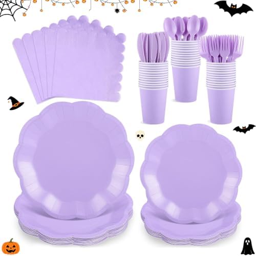 175 Pcs Light Purple Plates and Napkins Set, 25 Guest Purple Party Supplies Include Scalloped Plate Paper Napkin Cup Forks Knives Disposable Plastic Cutlery for Wedding Baby Shower Birthday Party by NatNarr