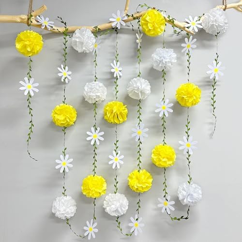 Daisy Party Decorations Yellow White Tissue Flowers Pom Pom Daisy Hanging Leaf Garland Streamer Banner for Spring Summer Themed Birthday Wedding Shower Tea Party Supplies Home Garden Decor - Image 4