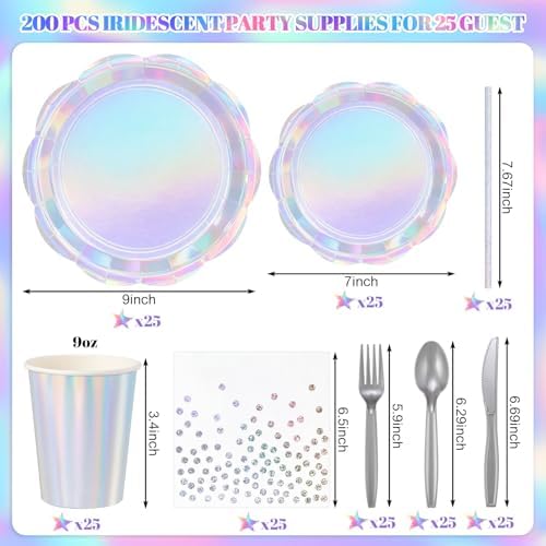 25 Set Iridescent Plates and Napkins Scalloped Iridescent Party Decorations - Image 2