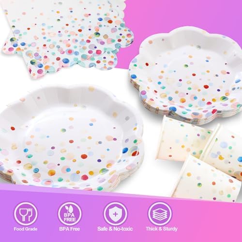 Colorful Birthday Plates and Napkins 200PCS Confetti Happy Birthday Party Plates Set Disposable Tableware Serve 50 for Art Paint Party Supplies Bubble Decorations-Colorful Paper Plates - Image 3