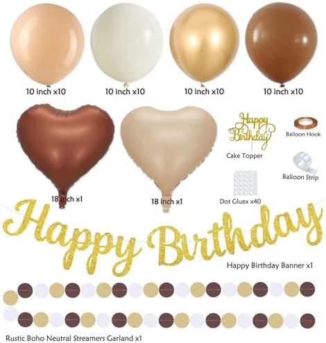 Boho Brown White Birthday Decorations - 62pcs Happy Birthday Banner, Neutral Rustic Paper Lanterns Honeycomb, Hanging Streamers, Tissue Pom Poms Flower Fan, Birthday Decorations for Women Girl Boys - Image 3
