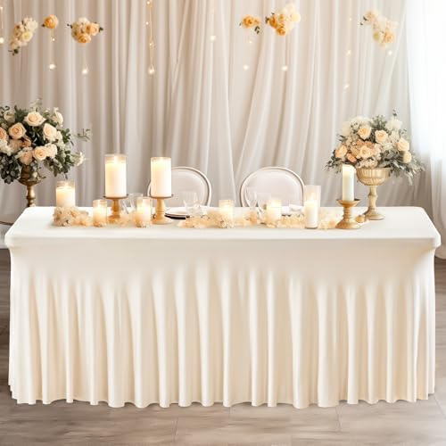 Wish Care 6 Pack Ivory Spandex Table Clothes for 4 Foot Rectangle Tables, 4FT Wrinkle Free Fitted Tablecloths Ruffles Design Table Cover for Party, Banquet, Wedding and Events - Image 5