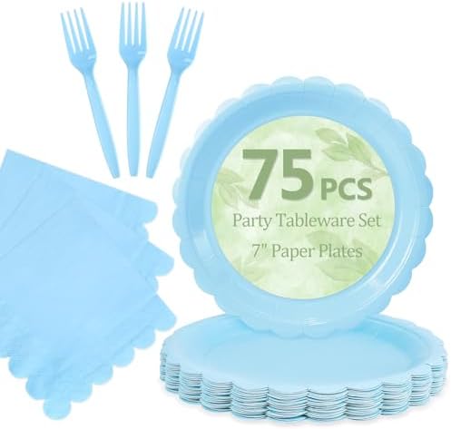 Light Blue Paper Plates and Napkins,Baby Blue Disposable Dinnerware, 25-7" by Mulbozy