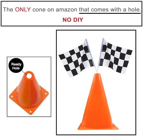 7inch Orange Racing Traffic Cones With Holes on Top,Checkered Flags,Racetrack Floor Runner,Race Car Birthday Party Supplies,Racing Car Table Centerpiece Decorations 38PCS - Image 2