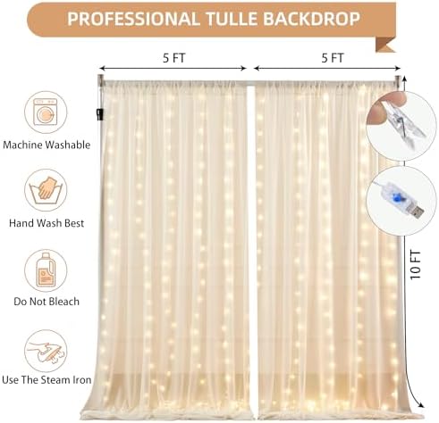 10x10FT Cream Wrinkle Free Backdrop Curtains with Lights String for Parties - Photo Curtain Backdrop with Lights for Wedding Decorations, Bridal Baby Shower Birthday Party Photography Background - Image 6