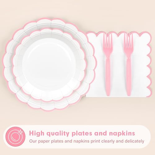 96 Pcs Pink and White Paper Plates and Napkins Set Include 9'' White Dinner Plates with Pink Scalloped Rim, 7'' Dessert Plates, Napkins & Forks for Baby Shower Wedding Bridal Shower Birthday - Image 3
