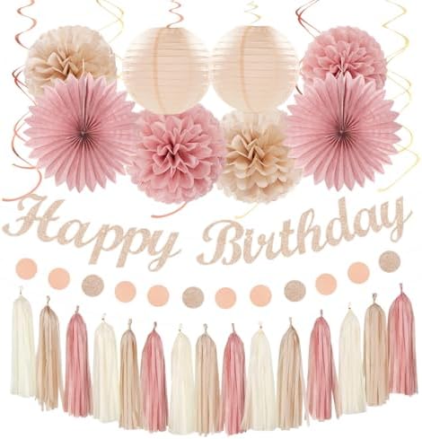 Blush-Pink Champagne Beige Happy-Birthday Party-Decorations - 31pcs 15th Women Girls Paper Lanterns Streamers Banner,Rose Gold Tissue Flowers Pom Poms Fans Tassels Graland Decor Supplies Hugmoon by PartyDecorations