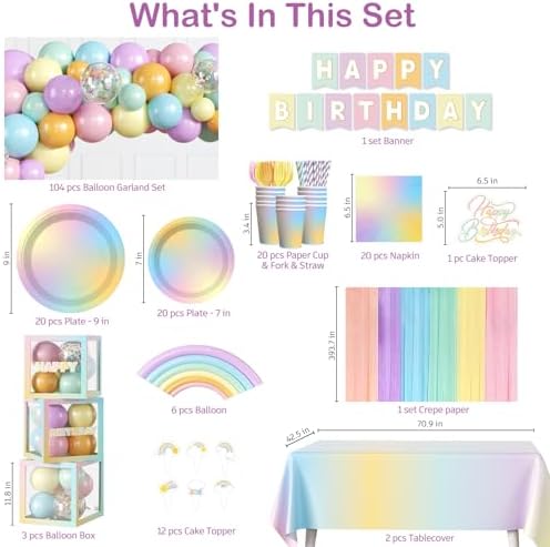 Pastel Rainbow Birthday Decorations Rainbow Theme Banner Balloon Arch Garland Streamer Backdrop, Pastel Rainbow Plates and Napkins with 2 Pcs Pastel Table Cloths - Image 2