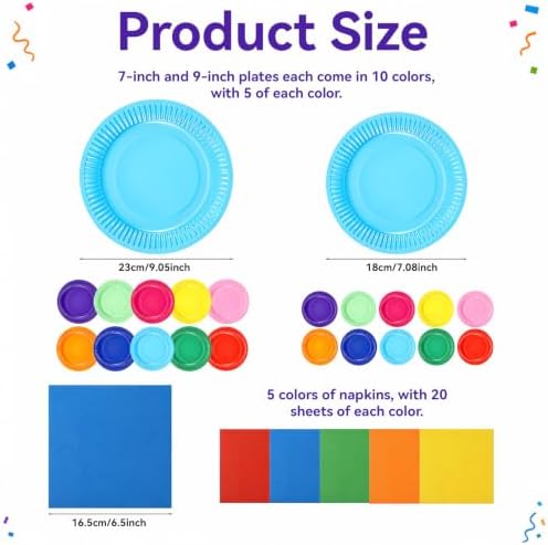 100 Pcs 7 & 9 Inch Colorful Paper Plates and Solid Printed Napkins - Image 3