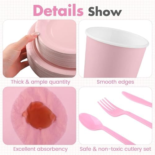 Kochorie 350 Pcs Pink Paper Dinnerware Set, 7 & 9 Inch Disposable Pink Dessert Plates Cups Napkins Cutlery Party Supplies for Birthday Wedding Baby Shower Party Decoration, Serve 50 - Image 3