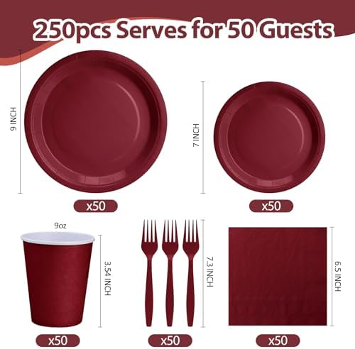 250Pcs Burgundy Paper Plates and Napkins Supplies, Include 9’’Paper Party Plate, 7’’Dessert Plates Cups Napkins Forks Sets for Birthday, Anniversaries, Wedding, Picnics, Serves 50 - Image 2