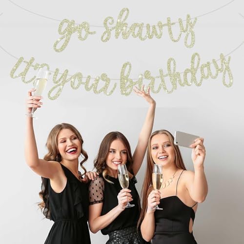 BEISHIDA Light Gold Go Shawty It's Your Birthday Banner - NO DIY - Hip Hop Theme Glitter Happy Birthday Banner - Pre-Strung - Black Rap Theme Happy Birthday Sign for Man Women birthday Party Supply - Image 4