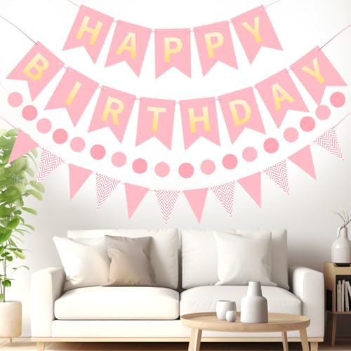 Pink Happy Birthday Banner Hanging Sign Circle Dot Triangle Bunting - Image 5