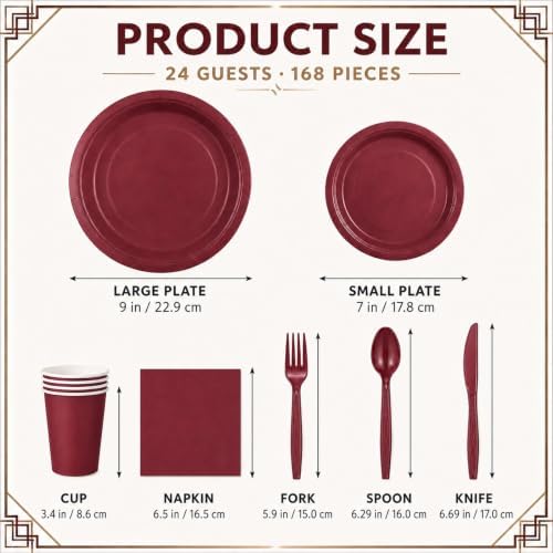 168Pcs Burgundy Plates and Napkins Party Supplies, Serves 24 - Image 2