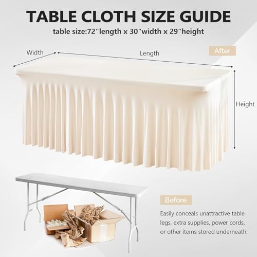 Wish Care 2 Pack Ivory Spandex Table Clothes for 6 Foot Rectangle Tables, 6FT Wrinkle Free Fitted Tablecloths Ruffles Design Table Cover for Party, Banquet, Wedding and Events - Image 3