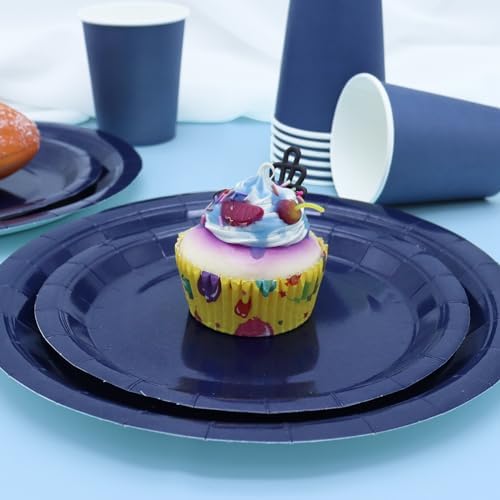168Pcs Navy Blue Party Supplies for Navy Blue Party Decorations includes Paper Plates and Napkins Cups Utensils,Blue Disposable Plates Set for Boy Baptism Birthday Graduation Serve 24 Guests - Image 5