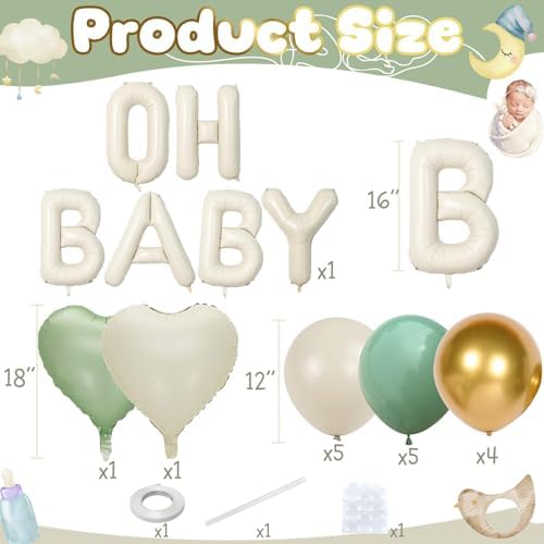 Sage Green Cream Baby Shower Decorations, Welcome OH BABY Letter Foil Balloons Banner Backdrop with Olive Green Gold Beige Latex & Heart Balloon Set for Boho Newborn Babyboy Babygirl Party Decor - Image 2